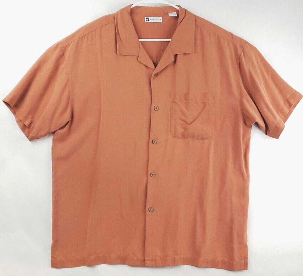 Bachrach Shirt Mens 2XL Orange 100% Silk Short Sleeve Pocket Classic Button-Up
